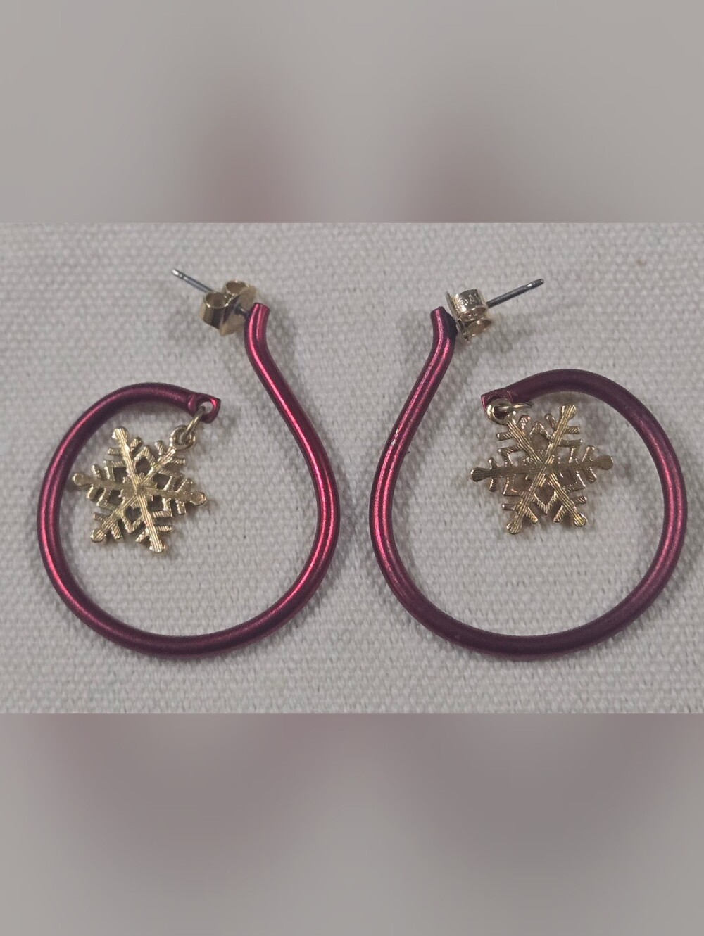 Gold Snowflake Drop Hoop Earrings in Metallic Burgundy